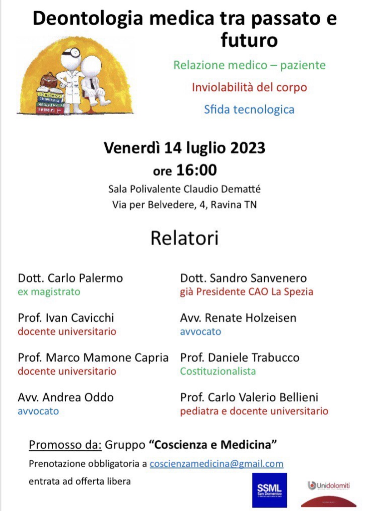 Evento “Deontologia medica tra passato e futuro” a Ravina (TN) del 14 luglio 2023