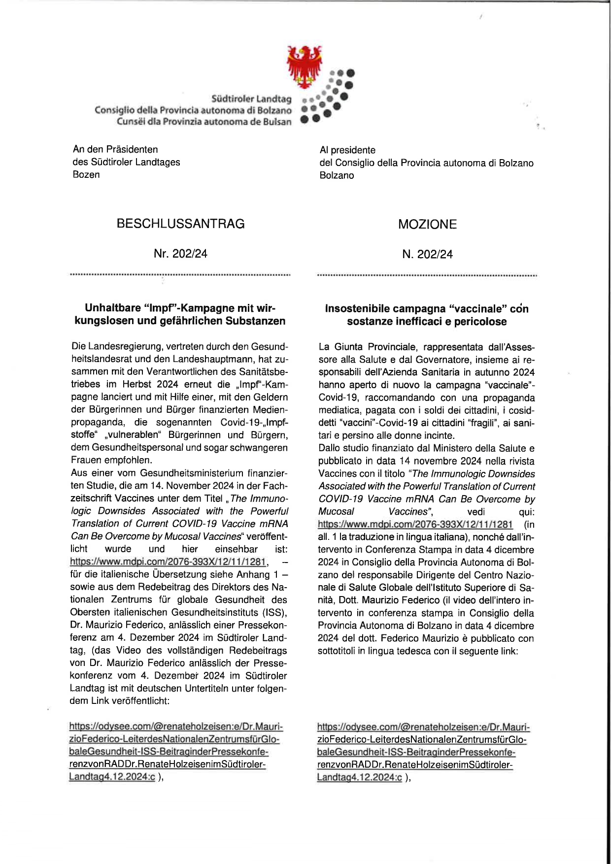 MOZIONE nel Consiglio della Provincia Autonoma di Bolzano – Insostenibile campagna “vaccinale” con sostanze inefficaci e pericolose