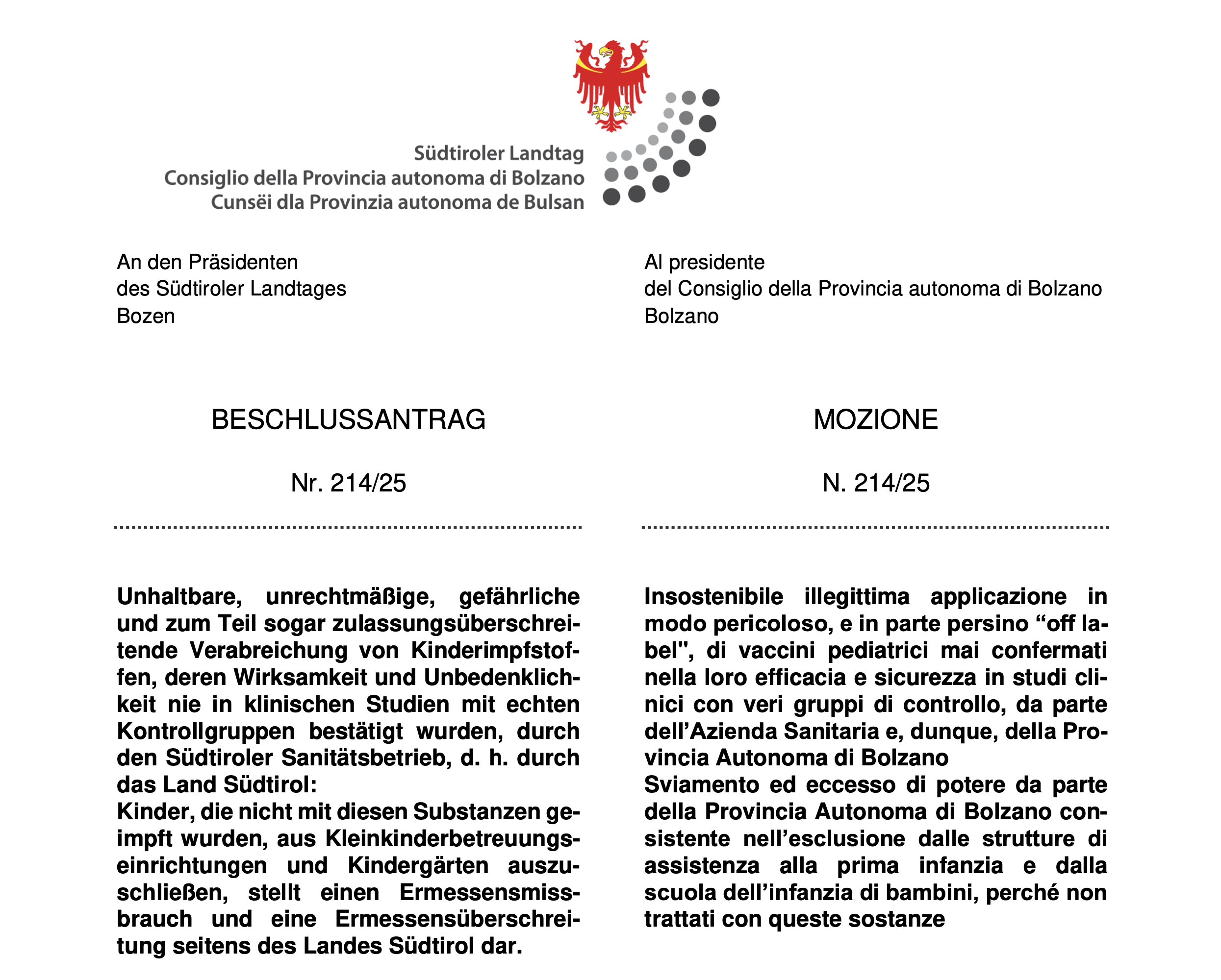 Beschlussantrag zu Kinderimpfstoffen: Keine Off-Label-Anwendung und Gesetzesverstöße!