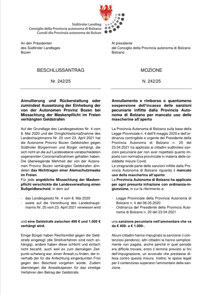 Il Consiglio della Provincia Autonoma di Bolzano ripete una grave violazione della Costituzione e dei Diritti Fondamentali dei Cittadini