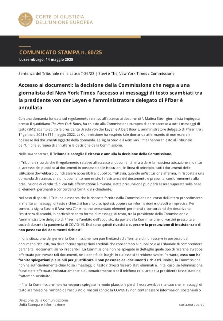 Richiesta le dimissioni di tutti i parlamentari europei (tra i quali Herbert Dorfmann, SVP) che hanno sostenuto la Ursula von der Leyen nella grave violazione dell’obbligo di trasparenza e legalità