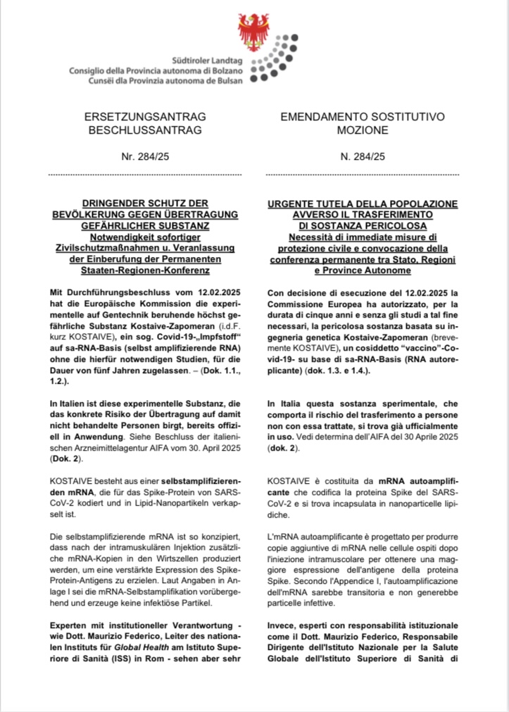 Presentata mozione in Consiglio della Provincia Autonoma di Bolzano per misure urgenti di protezione civile contro lo spreading del KOSTAIVE-Zapomeran