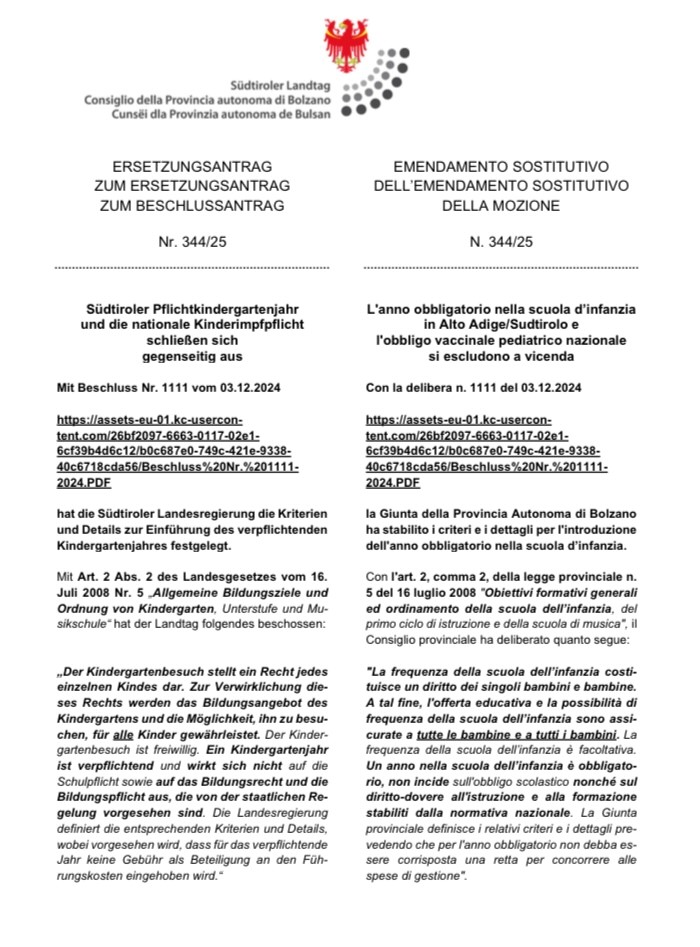 L’anno obbligatorio nella scuola d’infanzia in Alto Adige Sudtirolo e l’obbligo vaccinale pediatrico nazionale si escludono a vicenda – Mozione nel Consiglio Provinciale e procedimenti instaurati da genitori sudtirolesi
